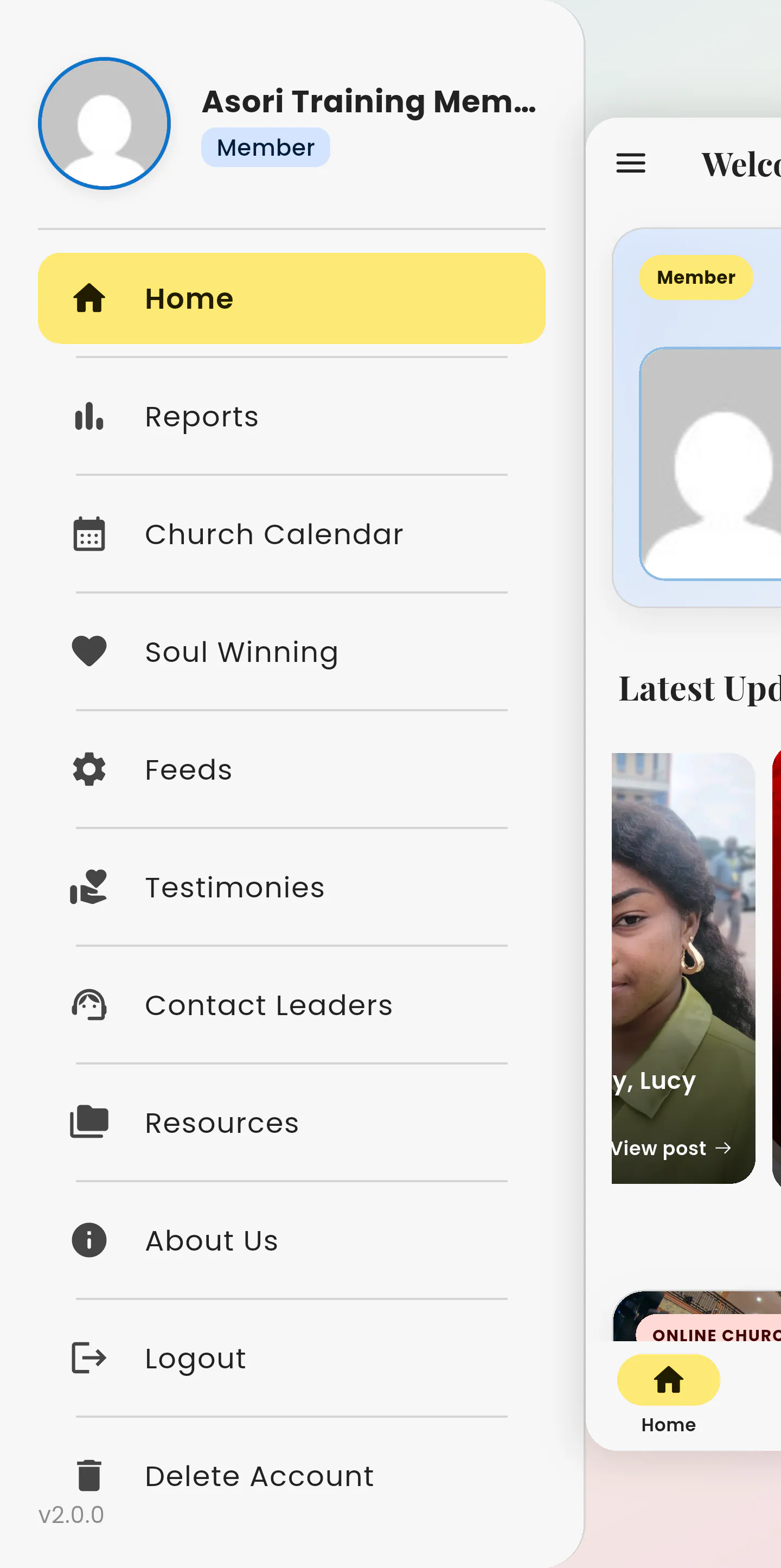 Asori member navigation drawer with links to reports, the church calendar, resources and account actions including logout and delete account.