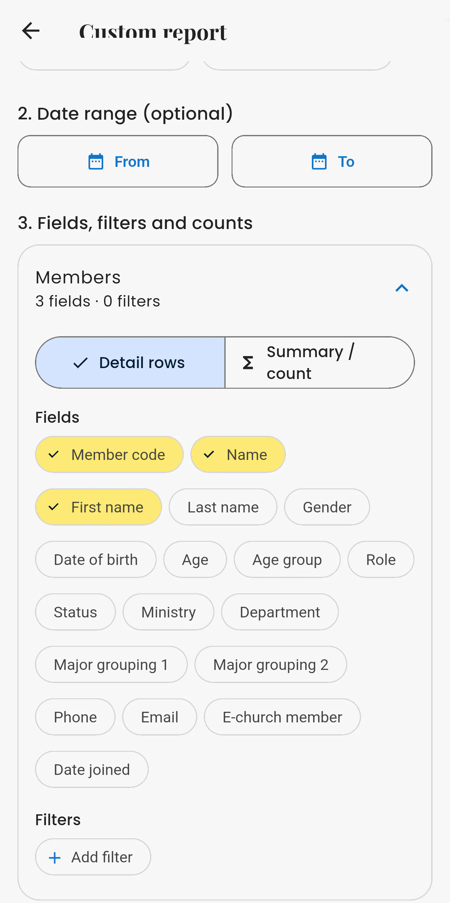 Asori Admin custom report builder: choosing detail rows or summary counts, member fields and filters.
