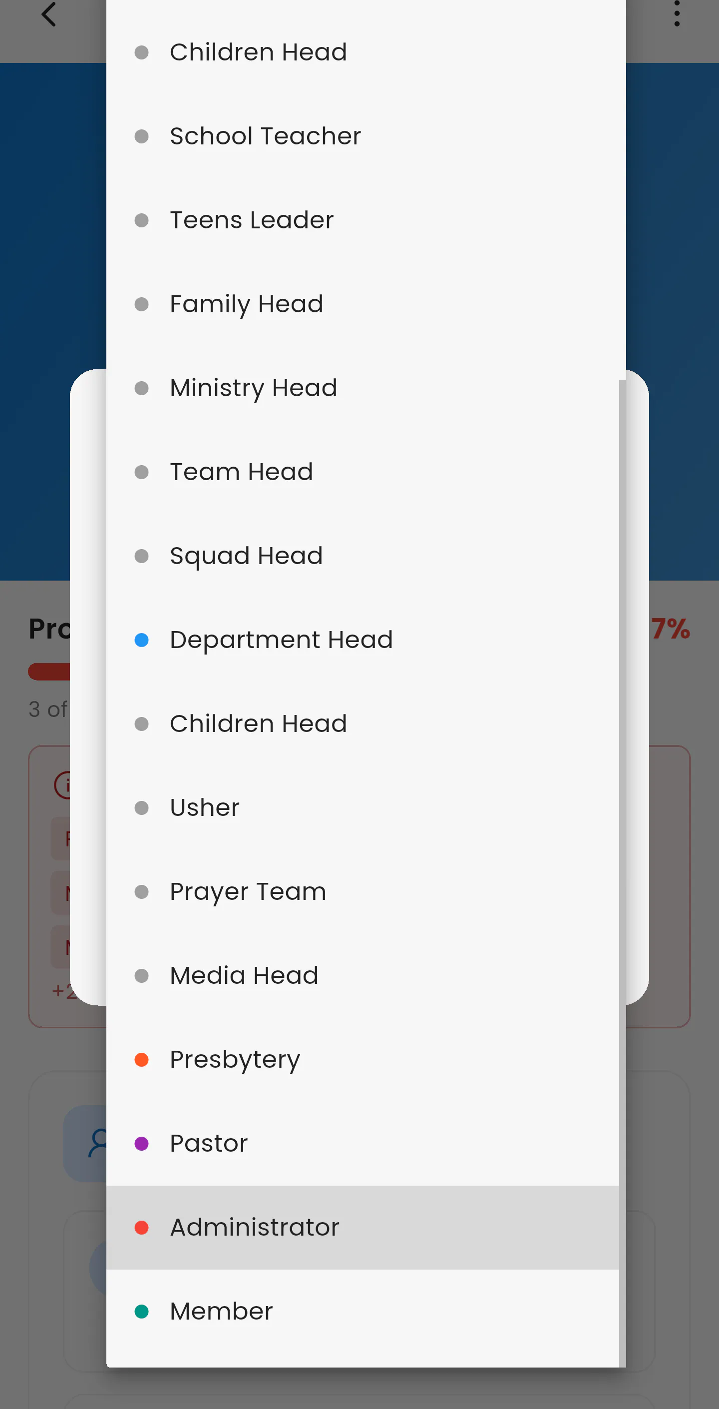 Asori Admin role picker listing church roles from Children Head to Pastor, Administrator and Member.