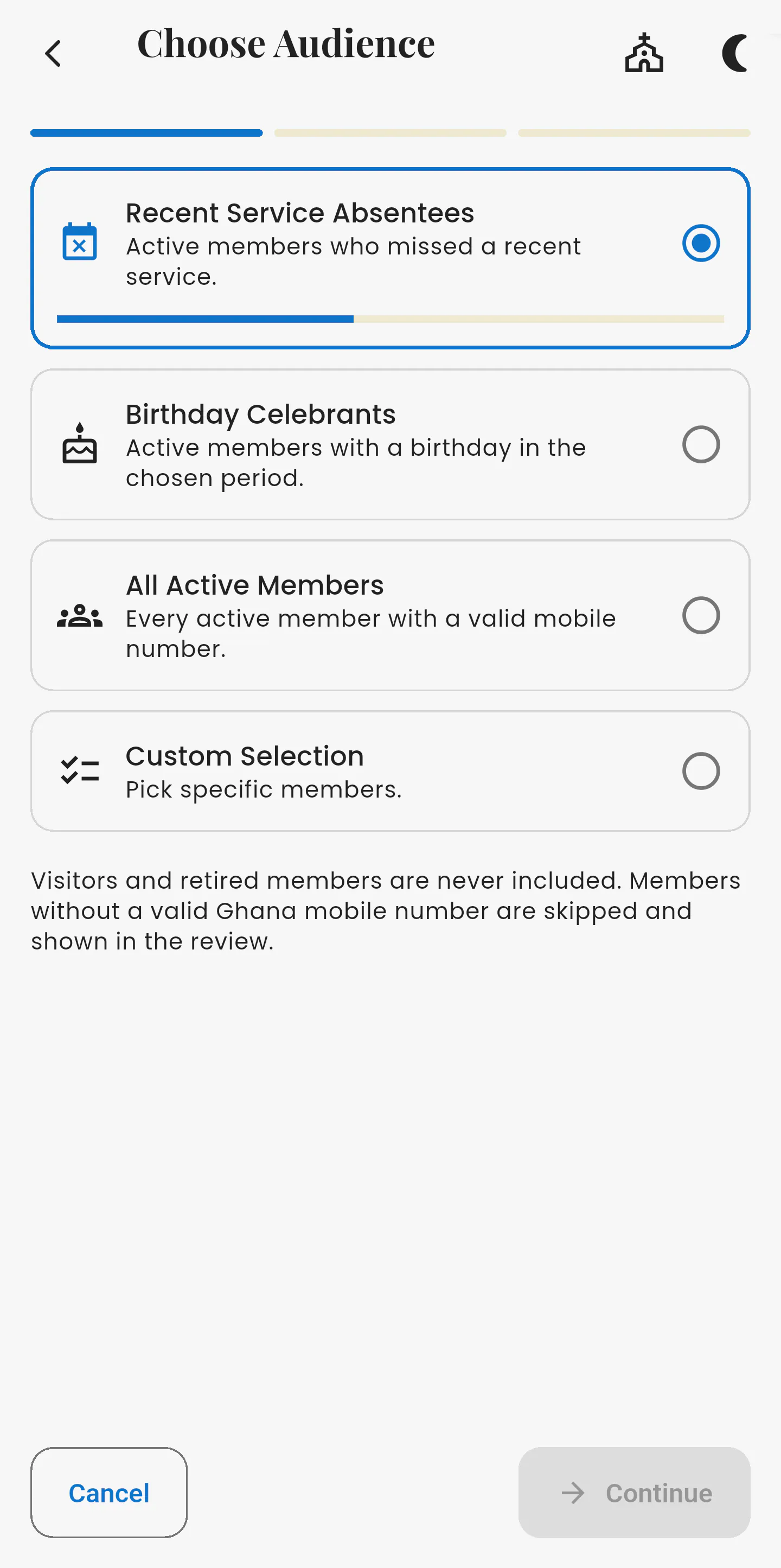 Asori Admin bulk SMS audience step with recent service absentees, birthday celebrants, all active members or a custom selection.