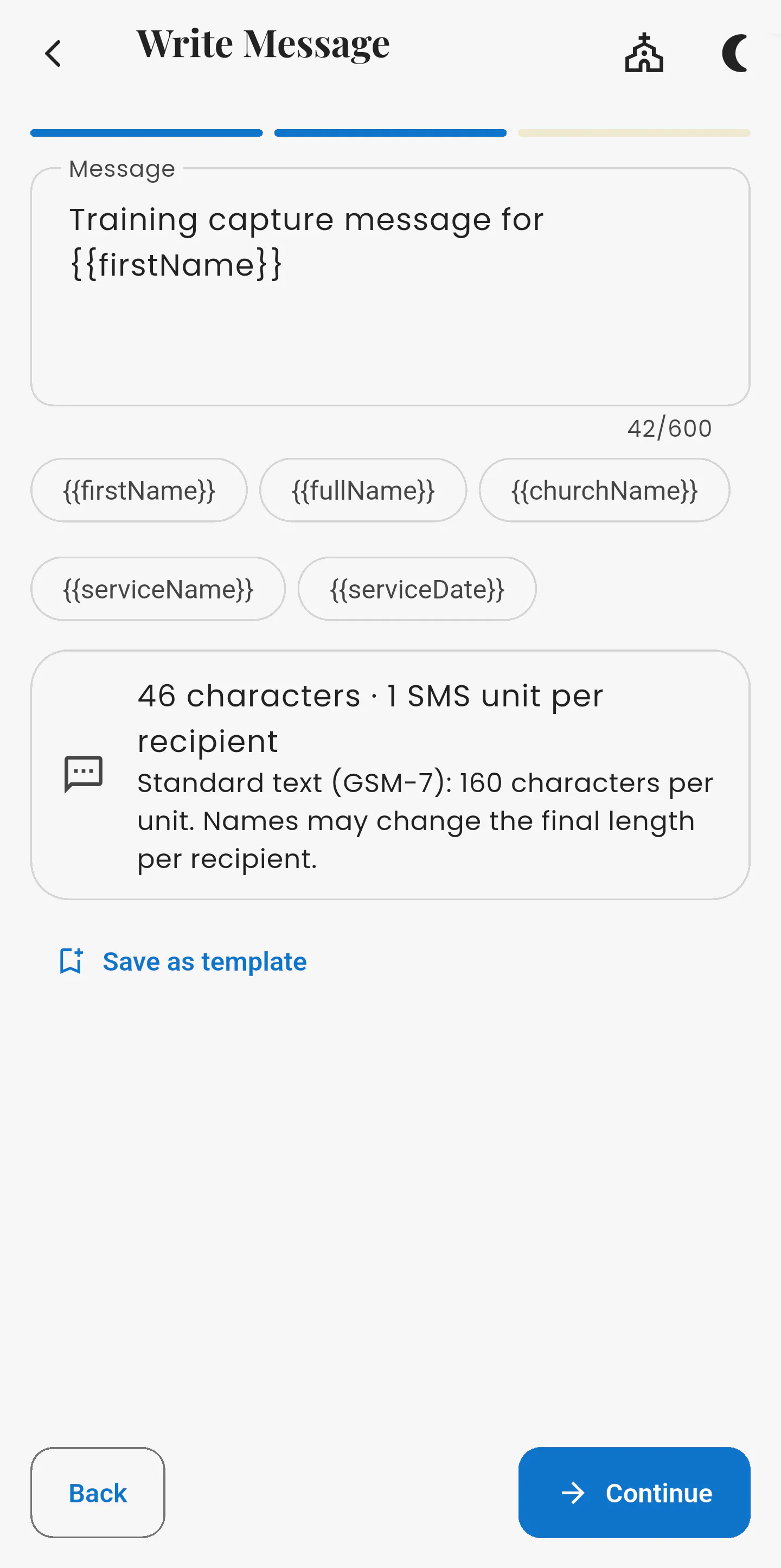 Asori Admin SMS template editor with personalisation placeholders and a character and SMS-unit summary.