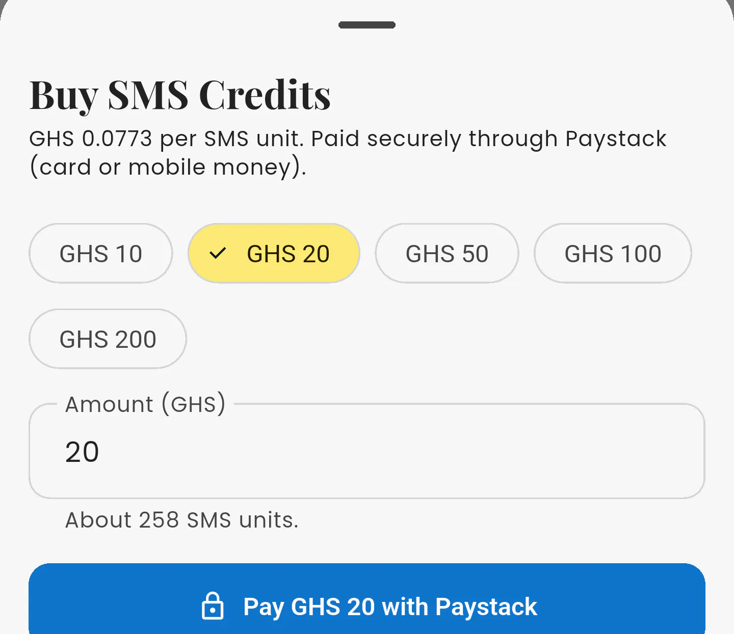 Buy SMS credits sheet: preset amounts, an amount field showing the SMS units it buys, and “Pay with Paystack”.