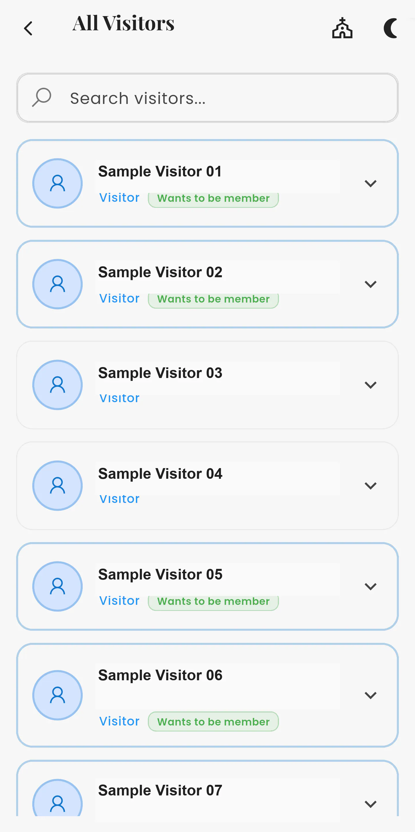 Asori Admin visitors directory listing sample visitors, some marked “Wants to be member”.