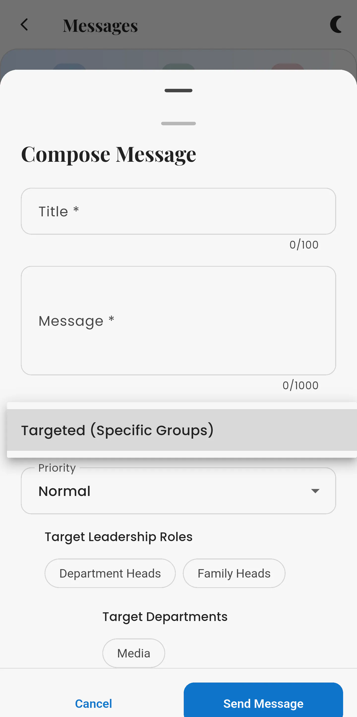 Composing an in-app message in Asori, targeted to specific leadership roles and departments.