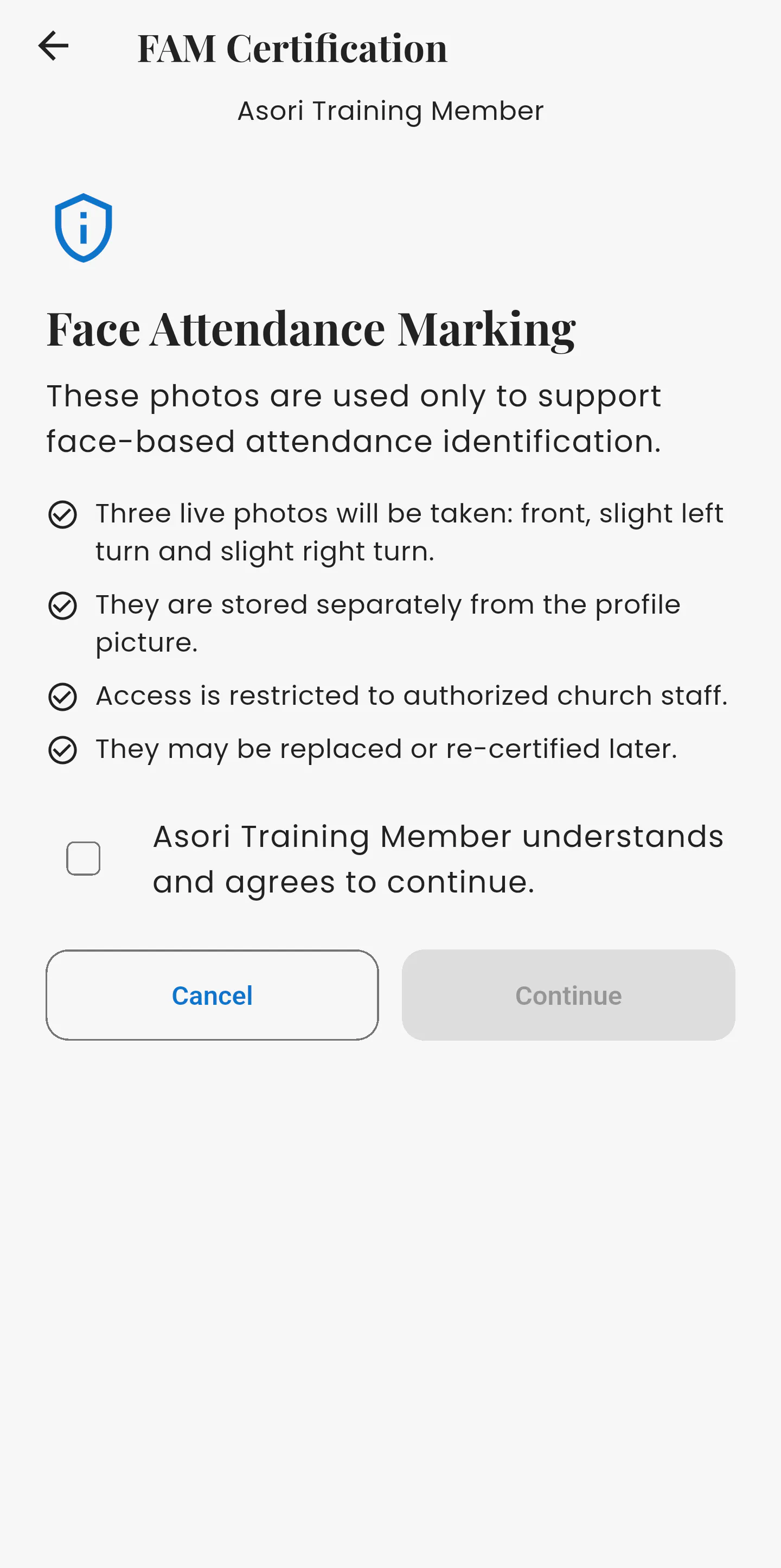 Face Attendance Marking consent screen explaining that three live photos are taken, stored separately from the profile picture and accessible only to authorised church staff.