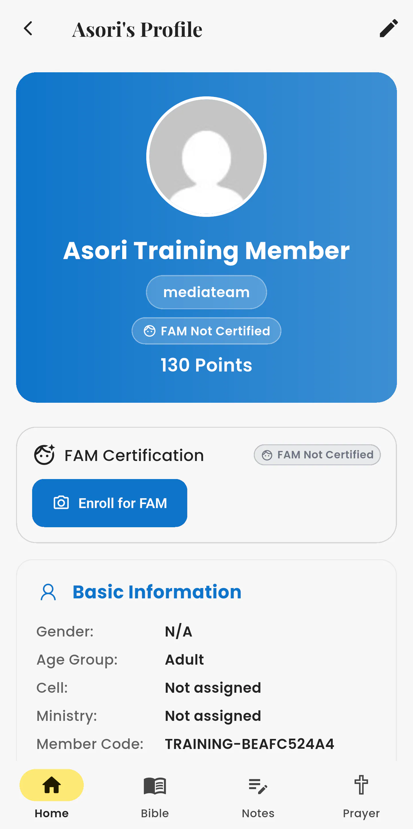 Asori profile card showing Face Attendance certification status and an “Enrol for FAM” action.