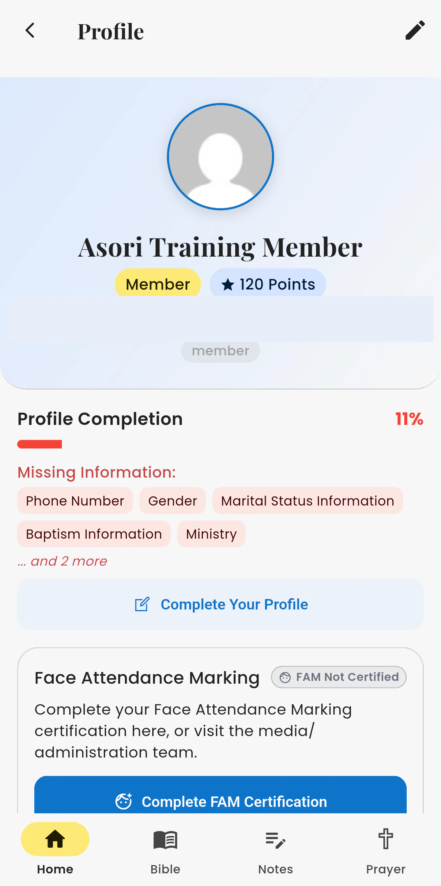 Asori member profile with a points badge, profile completion prompts and a Face Attendance certification card.