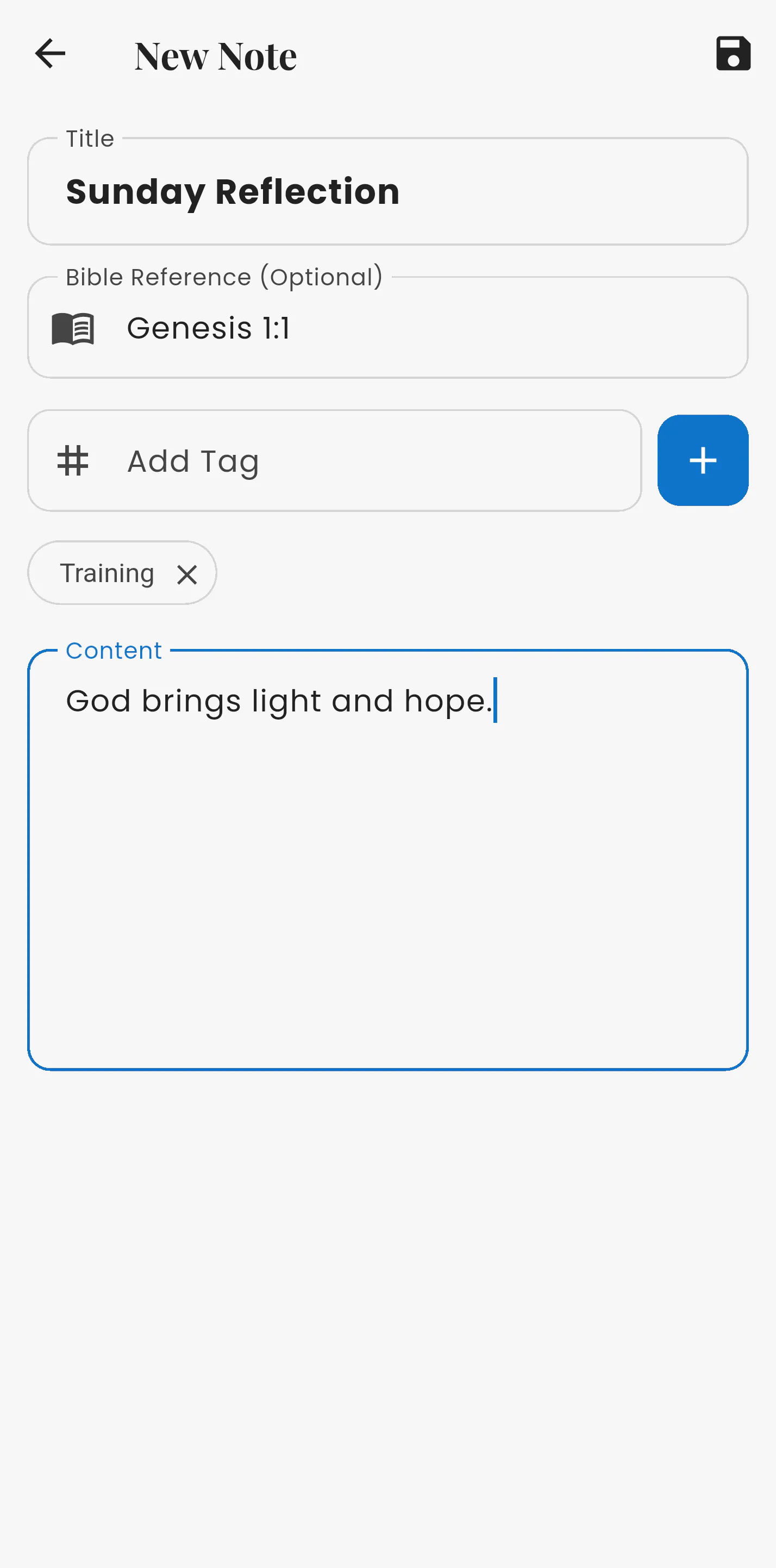 Asori personal note editor with a title, Bible reference, tag and note text.
