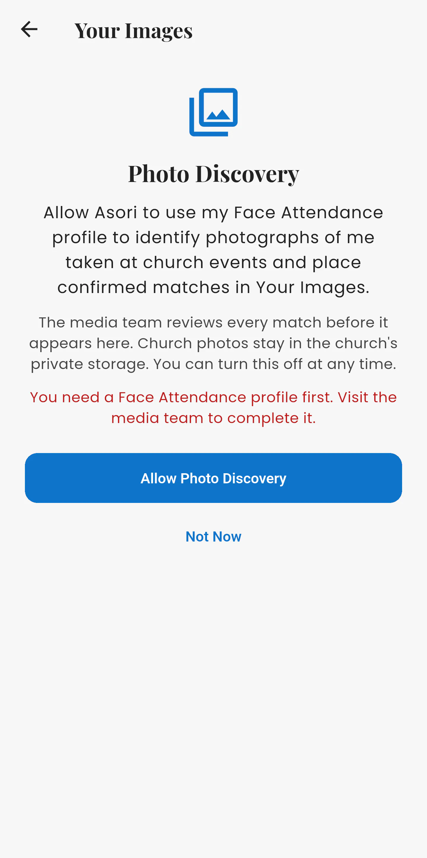 Photo Discovery opt-in screen explaining that the media team reviews every match before it appears in “Your Images”, and that it can be turned off at any time.