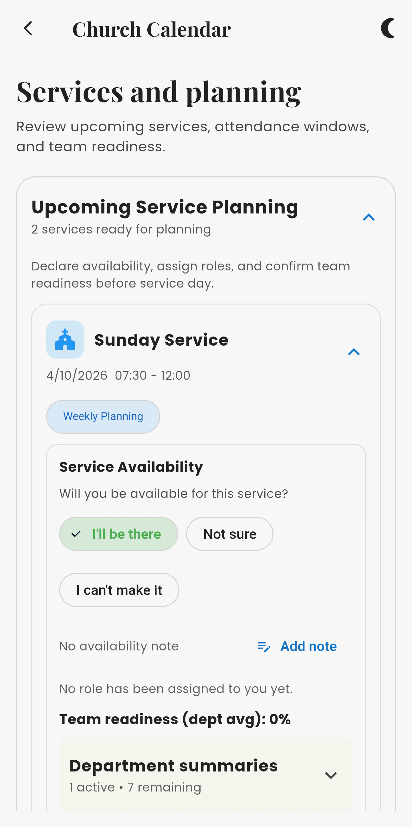 Asori “Services and planning” screen: an upcoming Sunday Service with the availability choices “I’ll be there”, “Not sure” and “I can’t make it”.