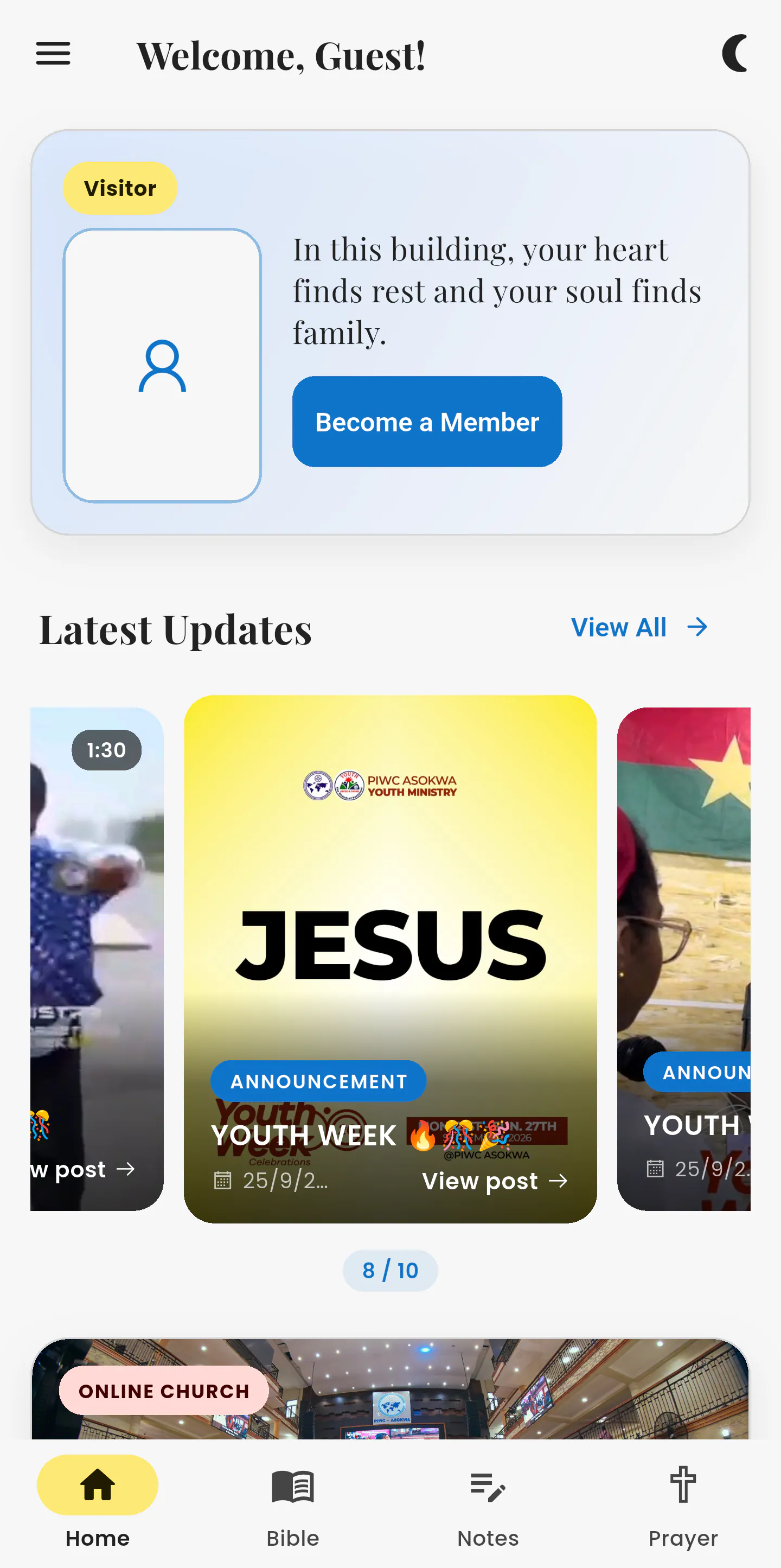 Asori public home screen welcoming a guest, with a visitor card, latest updates and shortcuts to the Bible, notes and prayer.