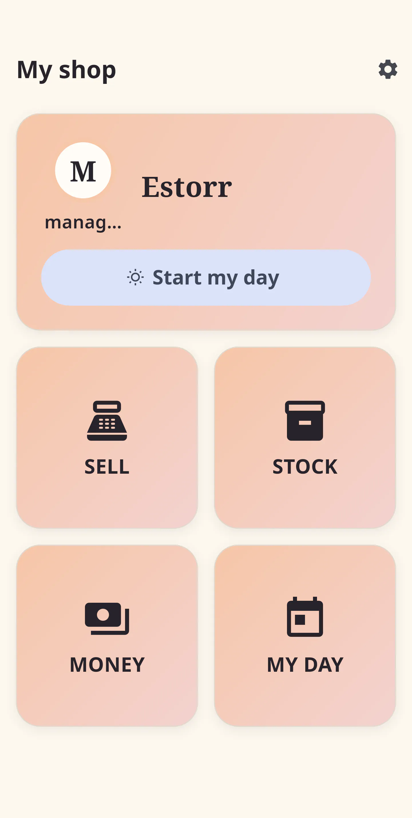 Estorr shop home with four large actions: Sell, Stock, Money and My Day.