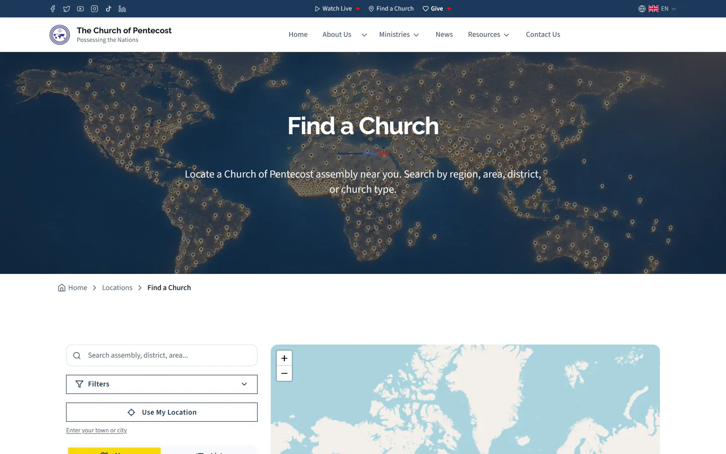The Church of Pentecost Global Platform “Find a Church” page: a world map of assemblies above search, filters and an interactive map.